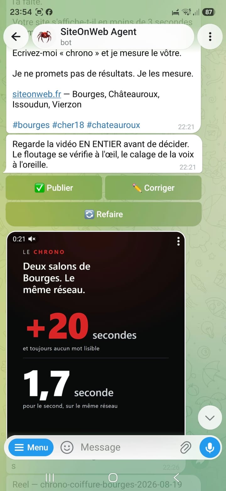 L'agent SiteOnWeb sur Telegram : une vidéo prête à partir, et trois boutons pour décider.