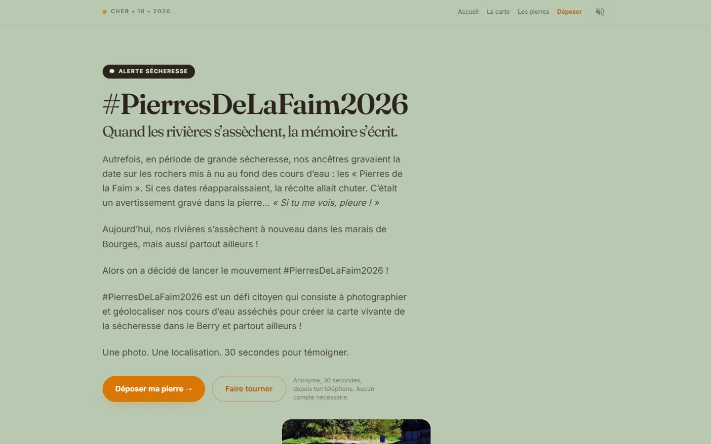 Page d'accueil de #PierresDeLaFaim2026, campagne photo sur la sécheresse dans le Cher