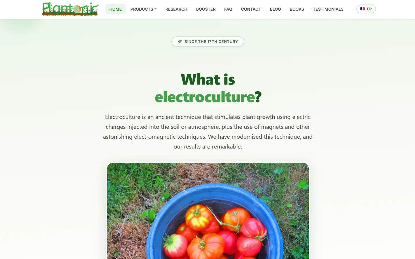 Page d'accueil du site Plantonic, dispositifs d'électroculture